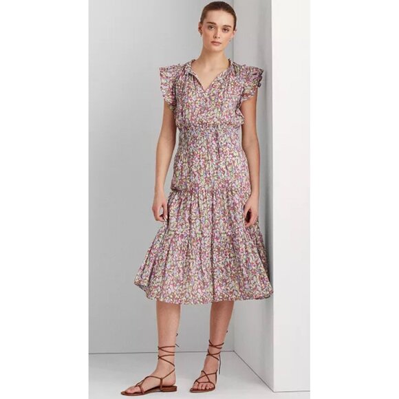 Lauren Ralph Lauren Dresses & Skirts - Ralph Lauren Floral Crinkle Tiered Dress Women 6 Ruffle Midi Dainty Peasant Farm